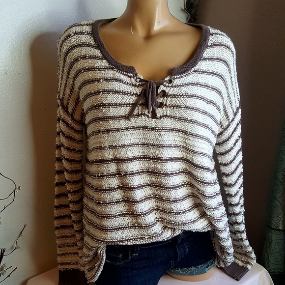 NUAGE tan and brown striped lace up sweater size M - Picture 2 of 9